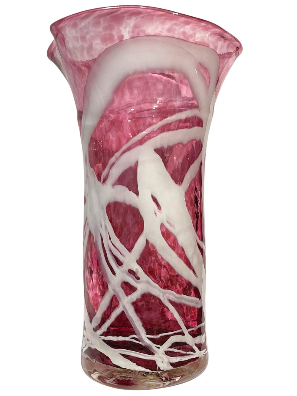 Vintage 2000s Signed Bob Allen Cranberry Art Glass Vase Marbled Ribbon Design